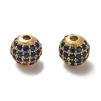 925 Sterling Silver Micro Pave Cubic Zirconia Beads, Round, Real 18K Gold Plated, Dark Blue, 6x5.5mm, Hole: 1.4mm