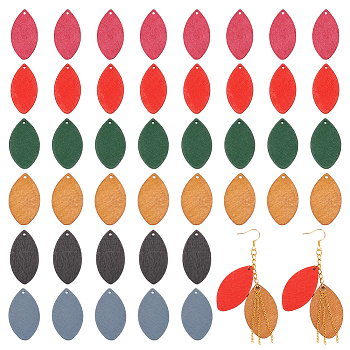 140Pcs 7 Colors Wood Pendants, Dyed, Leaf Charms, Mixed Color, 41~43.5x21.5~25x2~2.5mm, Hole: 1.8~2mm, 20pcs/color