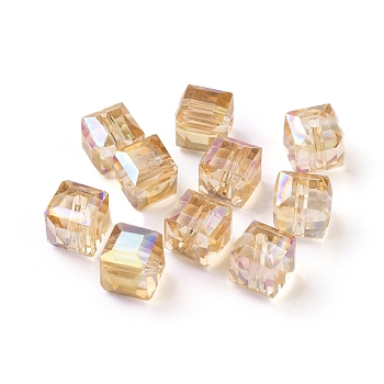 Electorplated Glass Beads, Rainbow Plated, Faceted, Cube, Goldenrod, 7x7x7mm, Hole: 1mm