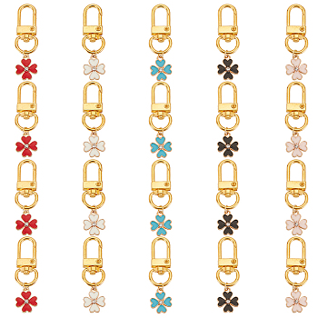 20Pcs 5 Colors Alloy Enamel Pendant Decorations, with Alloy Swivel Clasps, Clover, Mixed Color, 48mm, 4pcs/color