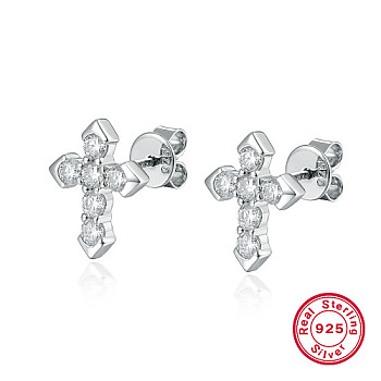Rhodium Plated 925 Sterling Silver Micro Pave Cubic Zirconia Stud Earrings, Cross, with 925 Stamp, Platinum, 12x10mm