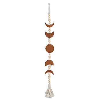 Wood Beaded Moon Phase Pendant Decorations, Bohemian Style Cotton Tassel Garland, Camel, 765mm