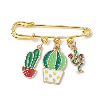 Cactus Enamel Charms Brooch, Alloy Safety Kilt Pin Brooch, Green, 19~25x10~15x1.5mm