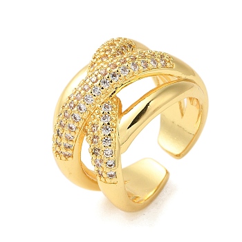 Brass Micro Pave Clear Cubic Zirconia Open Cuff Rings for Women, Real 18K Gold Plated, 16.5mm, Adjustable