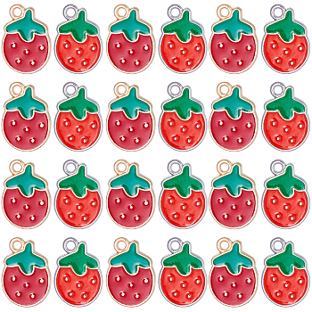 SUNNYCLUE 60Pcs 2 Styles Alloy Enamel Pendants, Strawberry, Red, Mixed Color, 16.5x11.5x1.5~2mm, Hole: 1.6~1.8mm, 30pcs/style