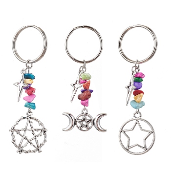 Tibetan Style Alloy Keychain, with Dyed Synthetic Turquoise Beads Strands, Iron Split Key Rings, Star, Star, 6.7~8.2cm, Pendants: 43~56x23.5~30x7mm