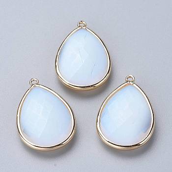 Faceted Opalite Pendants, with Light Gold Plated Brass Edge and Loop, Teardrop, 28.5~29.5x19~20x7mm, Hole: 1.2mm