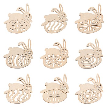 90Pcs 9 Style Undyed Natural Wooden Big Pendants, for Easter, Laser Cut, Rabbit & Easter Egg, Antique White, 62x60x2mm, Hole: 3mm, 10pcs/style