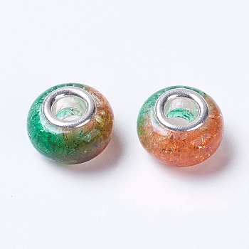 Two Tone Resin European Beads, with Silver Plated Brass Single Core, Rondelle, Sandy Brown, 14x8.5mm, Hole: 5mm