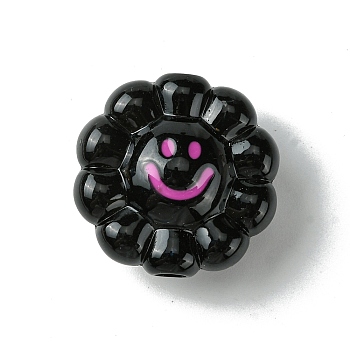 Dopamine Style Opaque Acrylic Beads, Flower with Smiling, Black, 23.5x24x11.5mm, Hole: 3.5mm