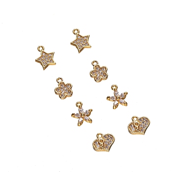 Brass Micro Pave Clear Cubic Zirconia Charms, Mixed Shapes, Real 18K Gold Plated, 8pcs/box