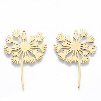 201 Stainless Steel Pendants, Dandelion Charm, Real 18K Gold Plated, 43x29x1mm, Hole: 1.6mm