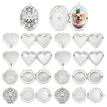 BENECREAT 20Pcs 5 Style 316 Stainless Steel Locket Pendants, Photo Frame Charms for Necklaces, Heart, Stainless Steel Color, 23~39x22~29x7~10mm, Hole: 1.6~2mm, Inner Size: 13~19x15~27mm, 4pcs/style
