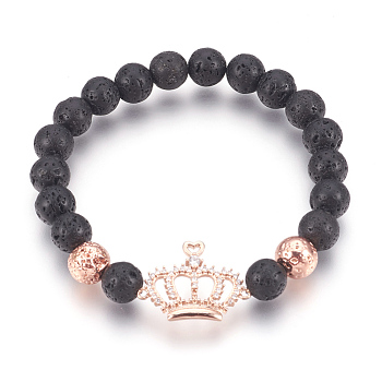 Stretch Bracelets, with Long-Lasting Plated Electroplated Natural Lava Rock, Natural Lava Rock and Brass Cubic Zirconia Beads, Crown, Rose Gold, 2-1/4 inch(5.7cm)
