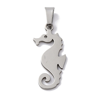 201 Stainless Steel Pendants, Laser Cut, Sea Horse Charm, Anti-Tarnish, Stainless Steel Color, 29x13x1mm, Hole: 7x4mm