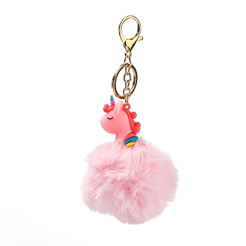 Cute Unicorn PVC & Imitate Rex Rabbit Fur Ball Keychain, with Alloy Clasp, for Bag Car Key Decoration, Pink, 16.8~16.9cm