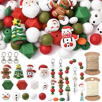 Christmas DIY Pendant Decoration Making Kit, Including Silicone Focal Beads, Printed Wood European Beads, Jute Cord, Alloy Swivel Lobster Claw Clasps, Mixed Color