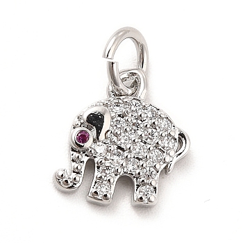 Rack Plating Brass Micro Pave Cubic Zirconia Charms, Elephant Charm, Long-Lasting Plated, with Jump Rings, Cadmium Free & Lead Free, Real Platinum Plated, 10.5x10x2mm, Hole: 3mm