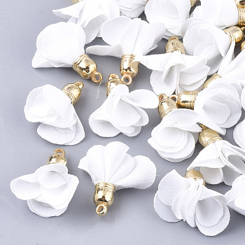 Cloth Pendants, with CCB Plastic, Flower, Golden, Creamy White, 24~27x15~25mm, Hole: 1.6mm