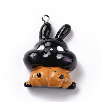 Halloween Opaque Resin Pendants, Pumpkin Bunny Charms, with Platinum Tone Iron Loops, Black, 36.5x25.5x12mm, Hole: 2mm