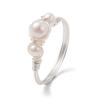 Copper Wire Wrapped Natural Cultured Freshwater Pearl Open Ring, Cuff Finger Ring for Women, Silver, US Size 8 3/4(18.7mm), 1.4~6mm