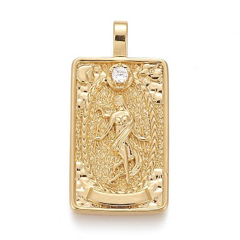 Brass Micro Pave Clear Cubic Zirconia Pendants, Real 18K Gold Plated, Tarot Card Charms, The World, The World XXI, 30x15x4mm, Hole: 3~4mm