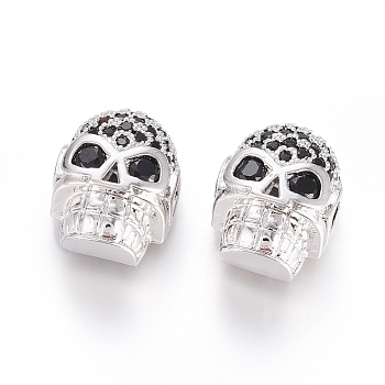 Brass Micro Pave Cubic Zirconia Beads, Long-Lasting Plated, for Halloween, Skull Head, Black, Real Platinum Plated, 12.5x9.5x7mm, Hole: 2x2.5mm