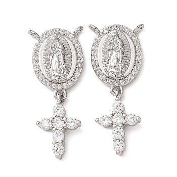 Religion Brass Micro Pave Clear Cubic Zirconia Pendants, Oval with Virgin Mary & Cross Charms, Platinum, 29x12x3mm, Hole: 1.5mm