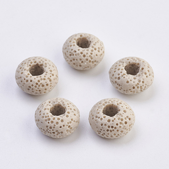 Natural Lava Rock European Beads, Dyed, Large Hole Beads, Flat Round, Bisque, 15~16x8.5~9mm, Hole: 4~5mm