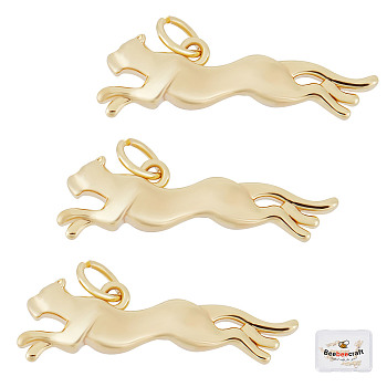 Brass Pendants, with Jump Rings, Long-Lasting Plated, Leopard, Real 18K Gold Plated, 24x7.5x4mm, Hole: 4.5mm, 6pcs/box