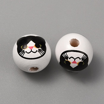 Printed Cat Wood European Beads, Large Hole Bead, Round, Black, 16x15mm, Hole: 4mm