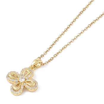201 Stainless Steel Cable Chain Necklaces, Brass Micro Pave Clear Cubic Zirconia Pendant Necklaces, Flower, Real 18K Gold Plated, 16.14 inch(41cm)