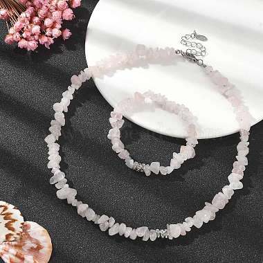 Collier de perles en quartz rose naturel et bracelet extensible(SJEW-JS01281-02)-5