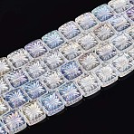 Electroplate Transparent Glass Beads Strands, Square with Flower, Half Plated, Clear AB, 11x11x4mm, Hole: 1mm, about 59~61pcs/strand, 25.59~26.38 inch(65~67cm)(X-EGLA-N017-03A)