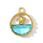 304 Stainless Steel with Cubic Zirconia Pendants, Round with Starfish Charms, Ion Plating(IP), Real 18K Gold Plated, Deep Sky Blue, 17x14mm(STAS-OY005-49G)