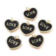 Brass Enamel Pendants, Long-Lasting Plated, Real 18K Gold Plated, with Jump Rings, for Valentine's Day, Heart with Word LOVE, Black, 17.5x20x2.5mm, Hole: 3mm(KK-B027-03G-C)