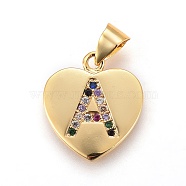 Brass Micro Pave Cubic Zirconia Pendants, Heart with Letter, Colorful, Letter.A, 17x15x1.5mm, Hole: 3.5x4.5mm(X-ZIRC-F093-57G-A)