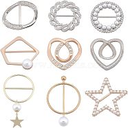 SUPERFINDINGS 9Pcs 9 Style Alloy Rhinestone Slide Bowknot Buckles & Scarf Clips Brooches, with Natural Pearl, Oval & Ring & Heart & Star, Mixed Color, 1pc/style(JEWB-FH0001-06)