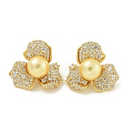 Rack Plating Brass Micro Pave Clear Cubic Zirconia Stud Earrings, with Shell Pearl, Flower, Golden, Navajo White, 22.5x24mm(EJEW-H014-13G-03)