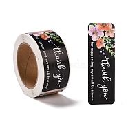 Flower Pattern Paper Gift Tag Stickers, Rectangle with Word Thank You Adhesive Labels Roll Stickers, for Party, Decorative Presents, Black, 2.8cm, about 120pcs/roll(DIY-C011-02B)