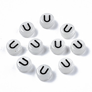 Acrylic Beads, with Enamel and Luminous, Horizontal Hole, Flat Round with Black Letter, Glow in the Dark, Light Grey, Letter.U, 7x3.5mm, Hole: 1.5mm, about 3600~3700pcs/500g(SACR-S273-29U)