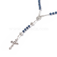 Natural Lava Rock & Glass Pearl Rosary Bead Necklace, Alloy Virgin Mary & Cross Pendant Necklace for Women, Marine Blue, 25.20 inch(64cm)(NJEW-TA00041-03)