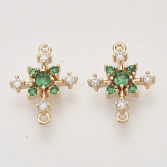 Brass Cubic Zirconia Links connectors, Real 18K Gold Plated, Snowflake, Nickel Free, Green, 13x10x2.5mm, Hole: 0.8mm(KK-N216-26A)