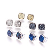 Brass Stud Earrings, with Druzy Resin Cabochon, with Ear Nuts, Square, Platinum, Mixed Color, 15x15x4~6mm, Pin: 0.8mm, Side Length: 12.5mm(EJEW-J098-BP)