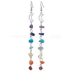 Chakra Theme Natural & Synthetic Gemstone Chip Dangle Earrings, Hollow Alloy Earrings for Women, Moon, 110x8.5mm(EJEW-JE05629-02)