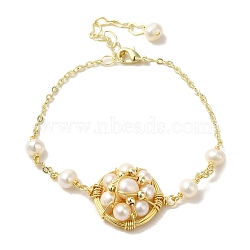 Flower Natural Pearl Link Bracelets, with Brass Chains, Real 14K Gold Plated, 6-1/2 inch(16.5cm)(BJEW-C051-28G)