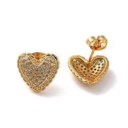 Rack Plating Heart Brass Micro Pave Cubic Zirconia Stud Earrings, Lead Free & Cadmium Free, Long-Lasting Plated, Real 18K Gold Plated, Real 18K Gold Plated, 12x13mm(EJEW-L224-73G)