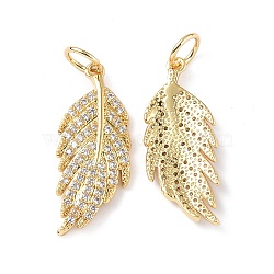 Brass Micro Pave Cubic Zirconia Pendants, with Jump Ring, Real 18K Gold Plated, Leaf, Clear, 22x8.5x2mm, Hole: 3.6mm(KK-E068-VF294)
