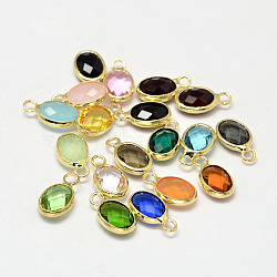 Oval Faceted Golden Tone Brass Glass Charms, Mixed Color, 12x7x3.5mm, Hole: 1mm(X-GLAA-O015-G)