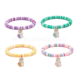 Handmade Polymer Clay Heishi Surfer Stretch Bracelet, Alloy Enamel Rabbit with Carrot Charms Preppy Bracelets for Women, Mixed Color, Inner Diameter: 2 inch(5.2cm)(BJEW-JB08670)